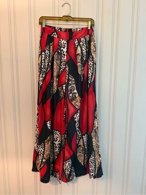 Women's Red Patterned Wide-Leg Pants with Animal Print Accents